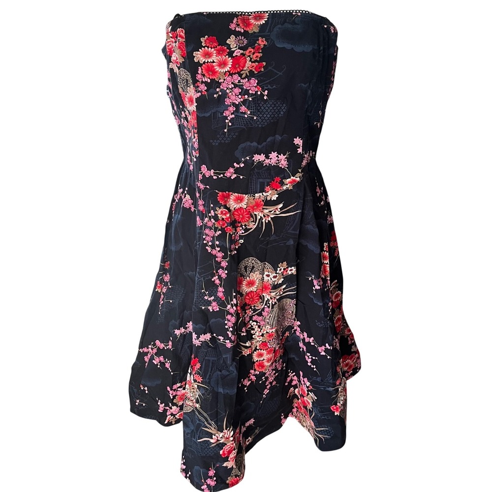Rampage 90s Floral Strapless Dress‎ Black Japanese Cherry Blossom Print Sz 11